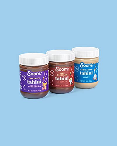 Soom Foods Sweet Tahini Three Flavor Sampler: (1) Dark Chocolate with Sea Salt Tahini 12oz, (1) Vanilla Bean Tahini 11oz and (1) Chocolate Tahini 12oz | Vegan, Nut-Free, Gluten-Free