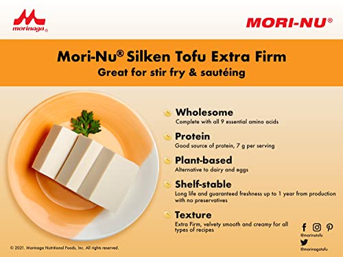 Mori-Nu Silken Tofu Extra Firm | Velvety Smooth and Creamy | Low Fat, Gluten-Free, Dairy-Free, Vegan, Made with Non-GMO soybeans, KSA Kosher Parve | Shelf-Stable | Plant protein | 12.3 oz x 12 Packs