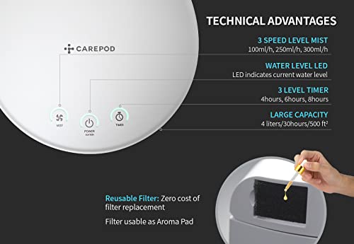 CarePod 31S Stainless Steel Ultrasonic Cool Mist Humidifier Whisper-Quiet Easy Clean for Large Room 1gal (4liter), Only 3 Washable Parts, Auto Shut-off, Reusable Filter Aroma Diffuser