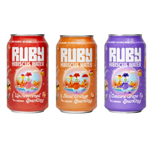 Ruby Hibiscus Organic Sparkling Water Unsweetened, Concord Grape & Blood Orange Bundle - Sweetened w/Organic Fruit | High in Antioxidants, Non-GMO, Vegan, Kosher