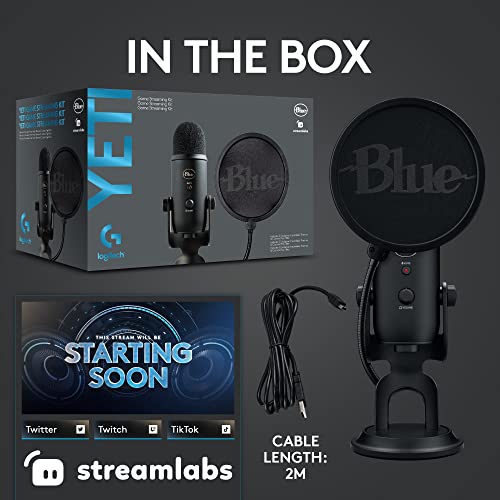 Logitech for Creators Blue Yeti Game Streaming Kit with Yeti USB Gaming Mic, Blue VO!CE Software, Exclusive Streamlabs Themes, Custom Blue Pop Filter, PC/Mac/PS4/PS5