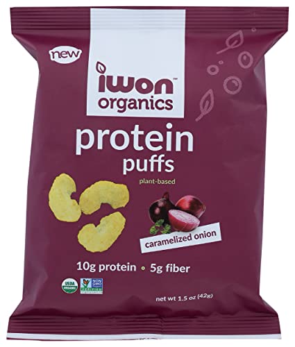 Iwon Organics Protein Puffs, Caramelized Onion, Plant-Based, 10g Protein, 5g Fiber, Kosher, USDA Certified Organic, Gluten Free & Non-GMO, 1.5 Ounce (Pack of 8)