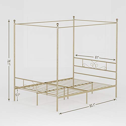 Weehom Queen Size Metal Canopy Bed Frame No Box Spring Needed Support Mattress Foundation Easy Set-Up Steel Platform Bed Gold