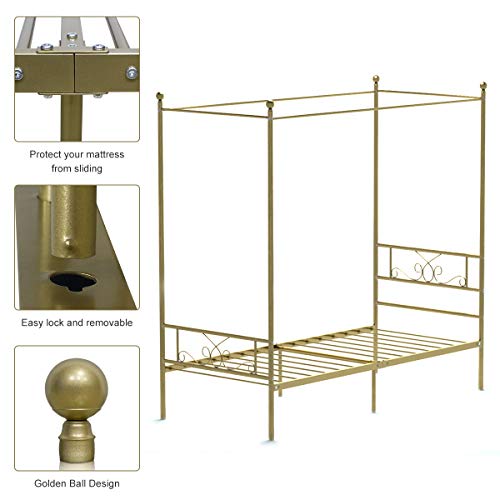 Weehom Queen Size Metal Canopy Bed Frame No Box Spring Needed Support Mattress Foundation Easy Set-Up Steel Platform Bed Gold