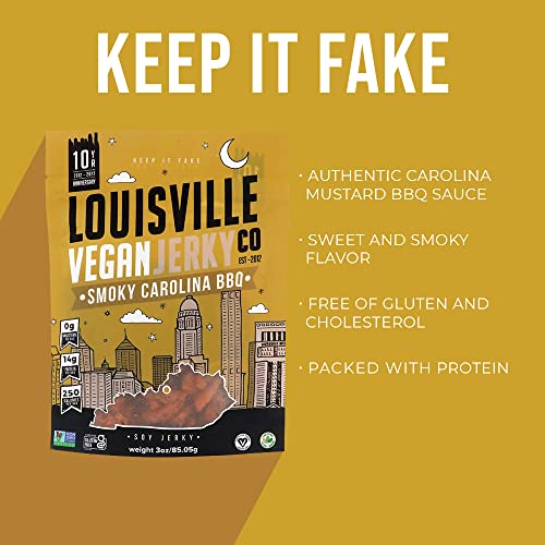 Louisville Vegan Jerky - Smoky Carolina BBQ, Vegetarian & Vegan-Friendly Jerky, 15 Grams of Non-GMO Soy Protein, 300 Calories Per Bag, Gluten-Free Ingredients (3 oz)