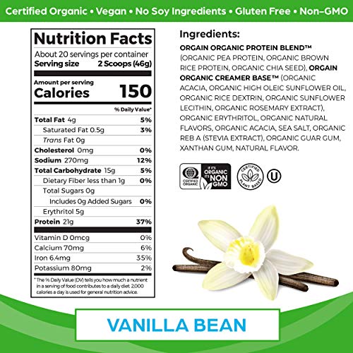 Orgain Organic Vegan Protein Powder, Vanilla Bean - 21g Plant Based Protein, Gluten Free, Dairy Free, Lactose Free, Soy Free, No Sugar Added, Kosher, For Smoothies & Shakes - 2.03lb