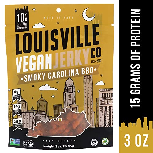 Louisville Vegan Jerky - Smoky Carolina BBQ, Vegetarian & Vegan-Friendly Jerky, 15 Grams of Non-GMO Soy Protein, 300 Calories Per Bag, Gluten-Free Ingredients (3 oz)