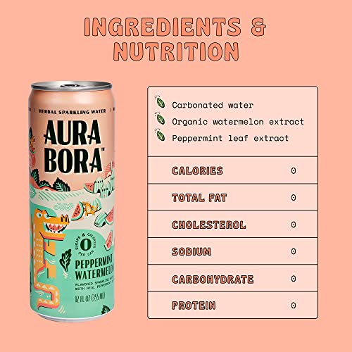 Peppermint Watermelon Herbal Sparkling Water by Aura Bora,12 oz Can (Pack of 12), 0 Calories, 0 Sugar, 0 Sodium, Non-GMO