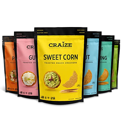 Craize Variety Pack | Sweet Corn, Coconut, Guava, Everything, Plantain, Seeded Crisps | Gluten Free, Vegan, Kosher, Toasted Corn Crackers | 6 pack, 4 oz each