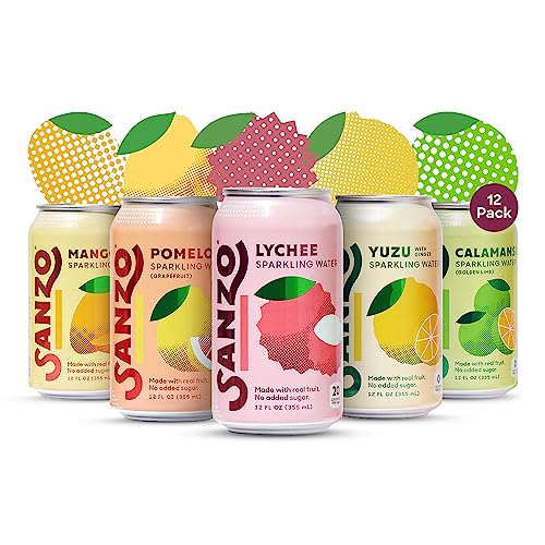 Sanzo Flavored Sparkling Water Variety 12-Pack - Lychee (Berry), Yuzu (Lemon), Pomelo (Grapefruit), Calamansi (Lime), & Mango (Alphonso) - Made with Real Fruit, No Added & Gluten Free - 12 Fl Oz