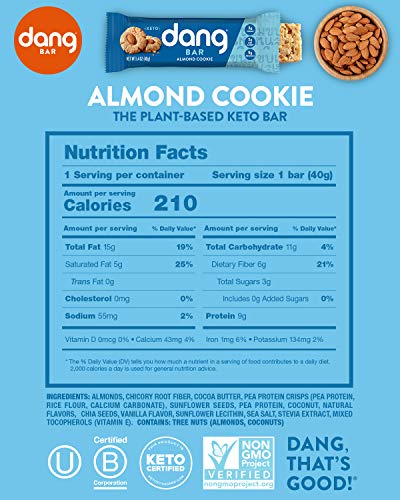 Dang Keto Bar | Almond Cookie | 12 Pack | Keto Certified, Vegan, Low Carb, Low Sugar, Plant Based, Non GMO, Gluten Free Snacks | 5g Net Carbs, 9g Protein, No Added Sugars