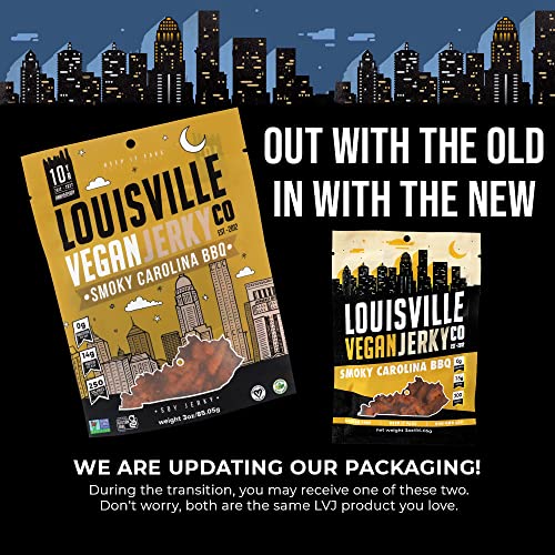 Louisville Vegan Jerky - Smoky Carolina BBQ, Vegetarian & Vegan-Friendly Jerky, 15 Grams of Non-GMO Soy Protein, 300 Calories Per Bag, Gluten-Free Ingredients (3 oz)