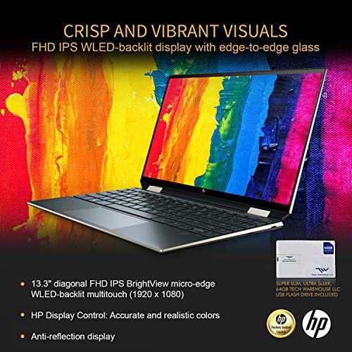 HP Spectre x360 GEM Cut 13.3" FHD Touch Laptop, Intel i7-1065G7, 16GB RAM, 512GB SSD, Bang & Olufsen, Fingerprint Reader, Stylus, Nightfall Black, Win 10 Pro, 64GB TechWarehouse Flash Drive