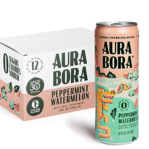 Peppermint Watermelon Herbal Sparkling Water by Aura Bora,12 oz Can (Pack of 12), 0 Calories, 0 Sugar, 0 Sodium, Non-GMO