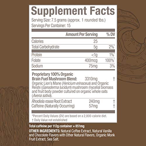 Om Mushroom Superfood Brain Fuel Plus Mushroom Powder Drink Mix, Mocha Flavor, 4 Ounce, 15 Servings, Lions Mane & Rhodiola, Memory & Focus Support Supplement