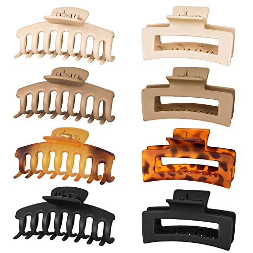 PALORA 8 Pack Large Hair Claw Clips, 4.3" Strong Hold Hair Clips Valentines Day Gifts for Women & Girls, 2 Styles Nonslip Matte Jaw Clip Big Hair Clamps for Long Thick Hair & Thin Hair (Color A)