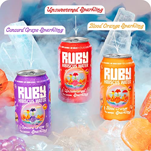 Ruby Hibiscus Organic Sparkling Water Unsweetened, Concord Grape & Blood Orange Bundle - Sweetened w/Organic Fruit | High in Antioxidants, Non-GMO, Vegan, Kosher