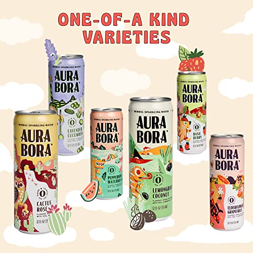 Peppermint Watermelon Herbal Sparkling Water by Aura Bora,12 oz Can (Pack of 12), 0 Calories, 0 Sugar, 0 Sodium, Non-GMO