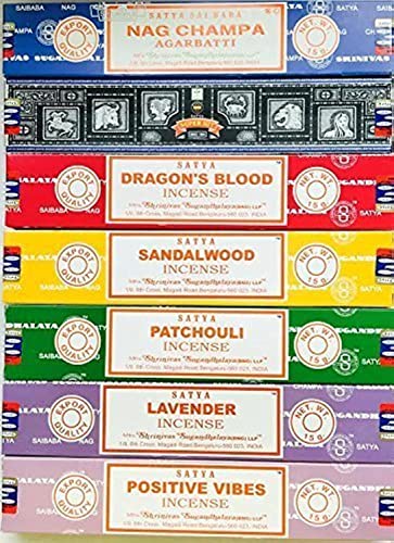 Satya Incense Gift Set Nag Champa, Super hit, Dragon's Blood, Sandalwood, Patchouli, Lavender, Positive Vibes, 15 g