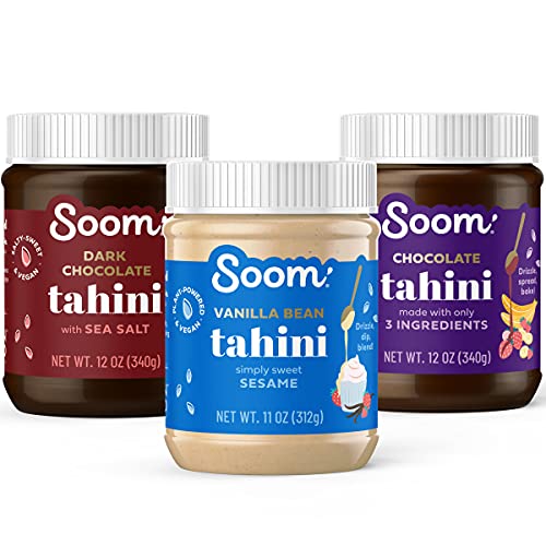 Soom Foods Sweet Tahini Three Flavor Sampler: (1) Dark Chocolate with Sea Salt Tahini 12oz, (1) Vanilla Bean Tahini 11oz and (1) Chocolate Tahini 12oz | Vegan, Nut-Free, Gluten-Free