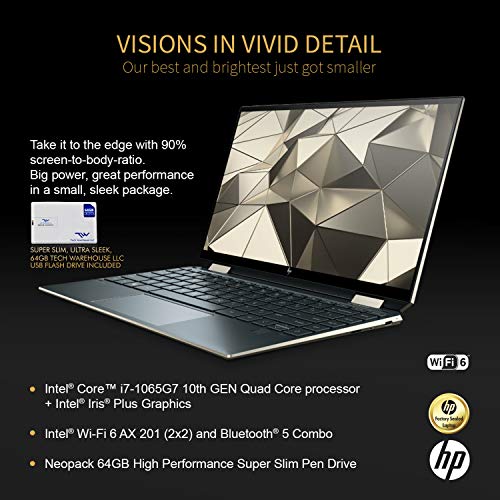 HP Spectre x360 GEM Cut 13.3" FHD Touch Laptop, Intel i7-1065G7, 16GB RAM, 512GB SSD, Bang & Olufsen, Fingerprint Reader, Stylus, Nightfall Black, Win 10 Pro, 64GB TechWarehouse Flash Drive