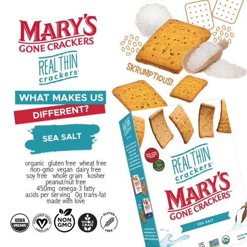 Mary's Gone Crackers Real Thin Crackers, Made with Real Organic Whole Ingredients, Gluten Free, Sea Salt, 5 Ounce (Pack of 6)